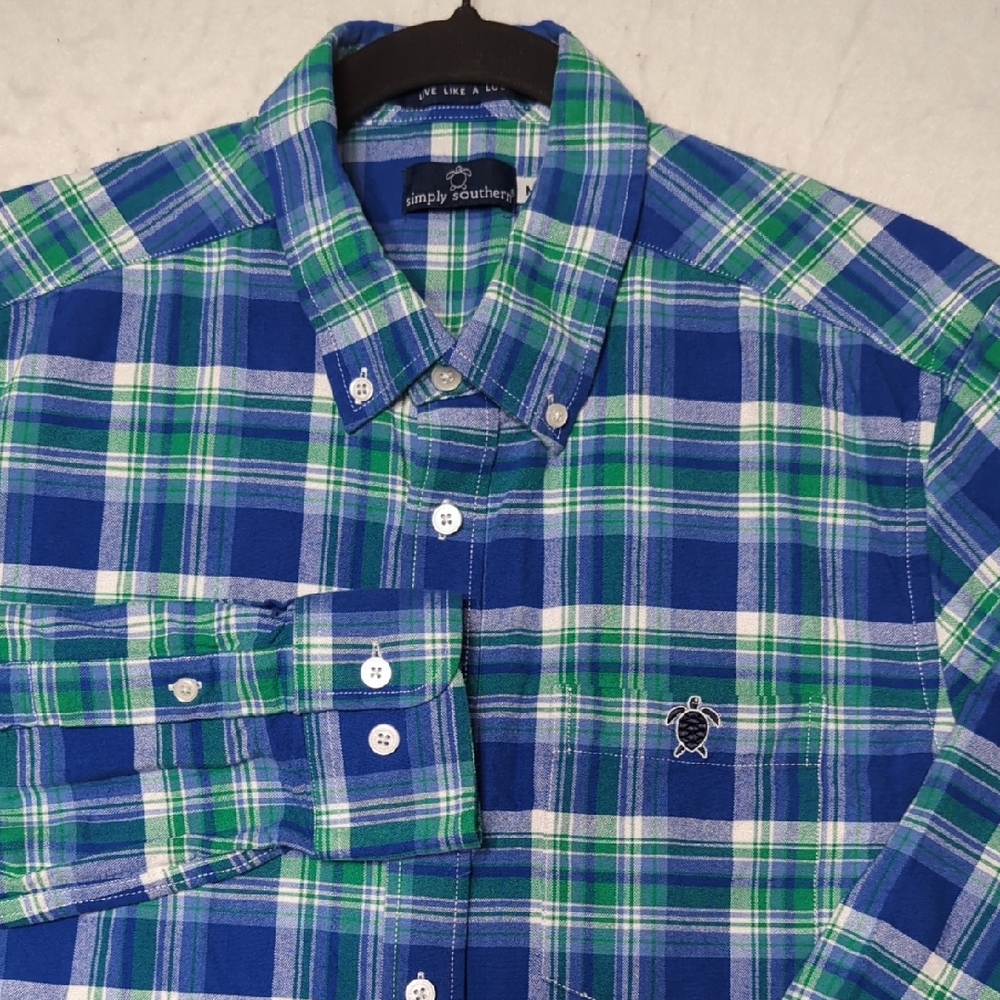 Simply Southern Blue Green Plaid Men's Long Sleeve Button Down Size M